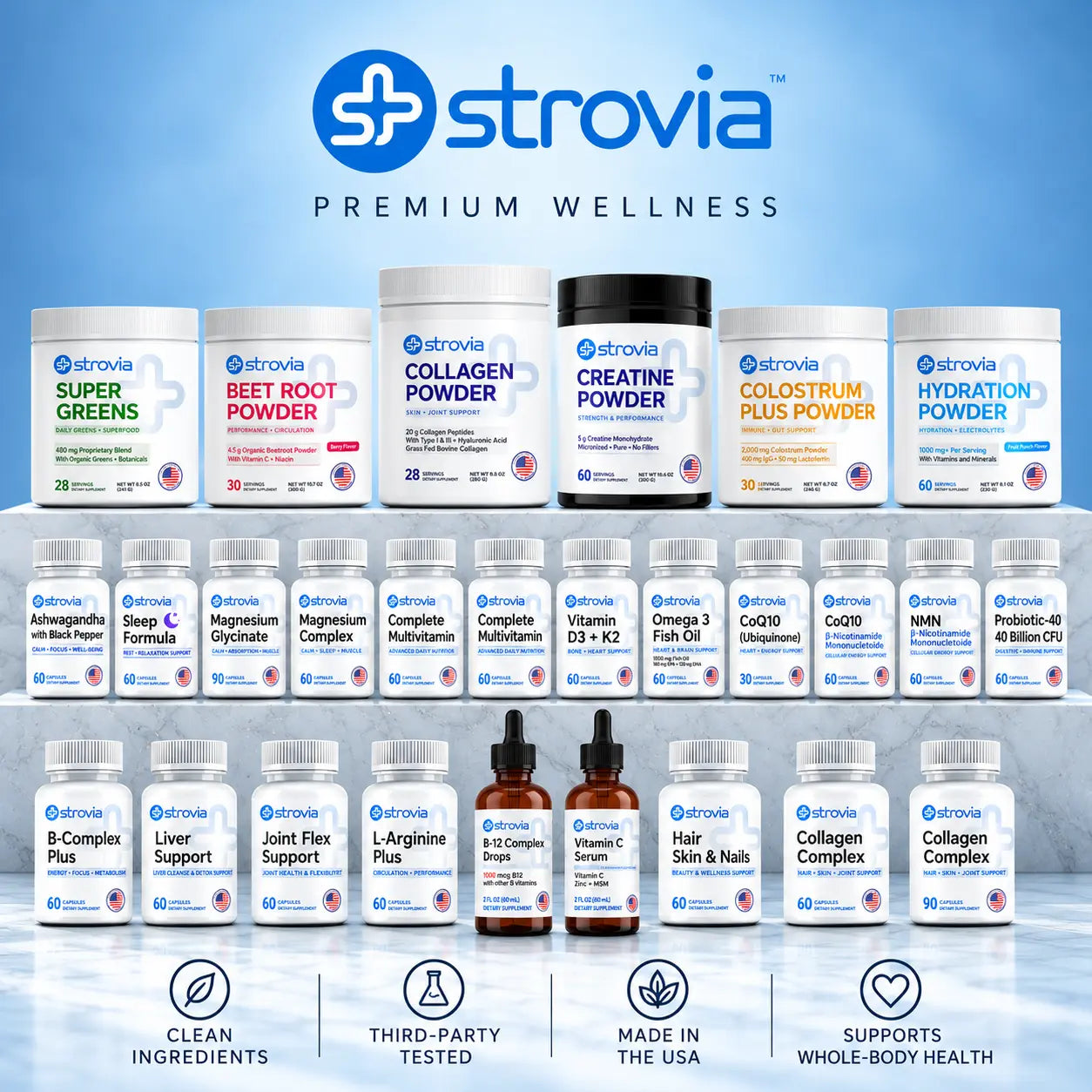 The full range of Strovia daily supplements